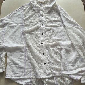 NWOT MISSES SZ L POL White Button-Down Lace & Gauze Blouse w LT Lavender Trim